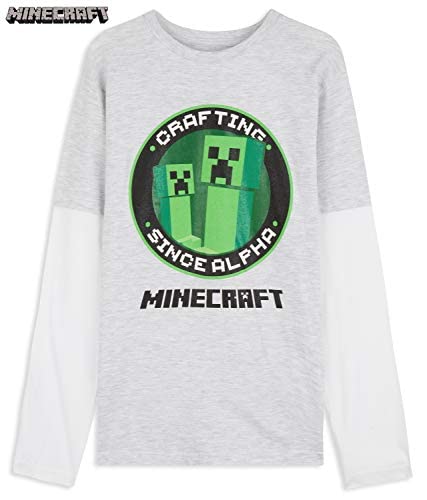 Minecraft Camiseta Niño, Camisetas Manga Larga Diseño Creeper y Mob, Ropa para Niño de Algodon, Regalos para Niños y Adolescentes (Gris/Blanco, 7/8 años)