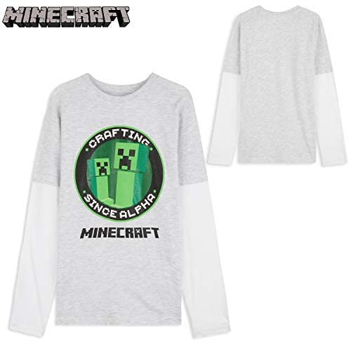 Minecraft Camiseta Niño, Camisetas Manga Larga Diseño Creeper y Mob, Ropa para Niño de Algodon, Regalos para Niños y Adolescentes (Gris/Blanco, 7/8 años)