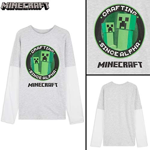 Minecraft Camiseta Niño, Camisetas Manga Larga Diseño Creeper y Mob, Ropa para Niño de Algodon, Regalos para Niños y Adolescentes (Gris/Blanco, 7/8 años)