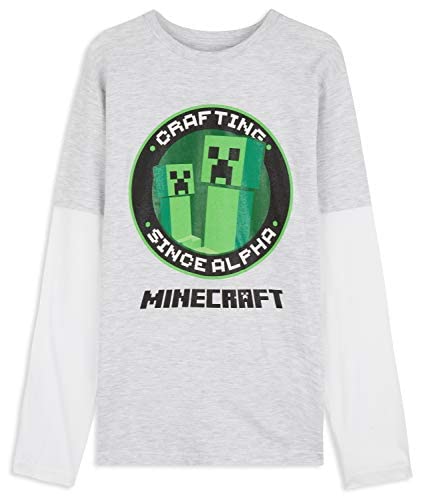 Minecraft Camiseta Niño, Camisetas Manga Larga Diseño Creeper y Mob, Ropa para Niño de Algodon, Regalos para Niños y Adolescentes (Gris/Blanco, 7/8 años)