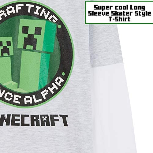 Minecraft Camiseta Niño, Camisetas Manga Larga Diseño Creeper y Mob, Ropa para Niño de Algodon, Regalos para Niños y Adolescentes (Gris/Blanco, 7/8 años)