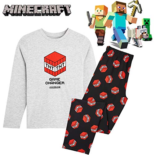 Minecraft Pijama Niño, Ropa para Niño Algodon 100%, Conjunto Dos Piezas con Camiseta Manga Larga y Pantalones, Regalos para Niños y Adolescentes 5-14 Años (9-10 años, Gris)