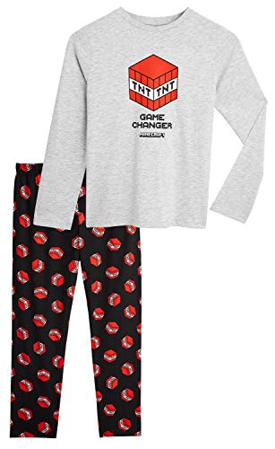 Minecraft Pijama Niño, Ropa para Niño Algodon 100%, Conjunto Dos Piezas con Camiseta Manga Larga y Pantalones, Regalos para Niños y Adolescentes 5-14 Años (9-10 años, Gris)