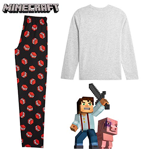 Minecraft Pijama Niño, Ropa para Niño Algodon 100%, Conjunto Dos Piezas con Camiseta Manga Larga y Pantalones, Regalos para Niños y Adolescentes 5-14 Años (9-10 años, Gris)