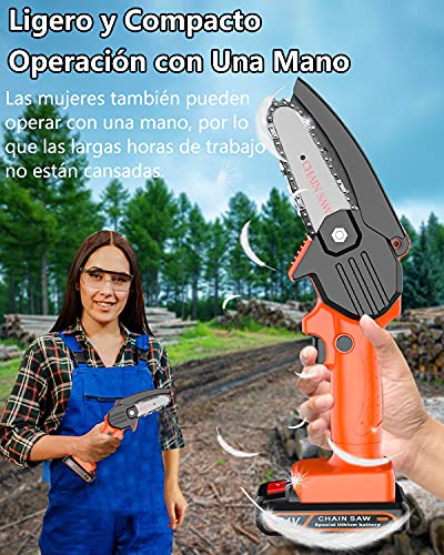 Mini Motosierra Eléctrica Bateria, Sierra Electrica de Mano a Batería de 4"/10cm con Bloqueo de Seguridad, Cadena Motosierra de Mano para Cortar Madera, Jardinería y Podar (Incluye 2 Pilas, 3 Cadenas)