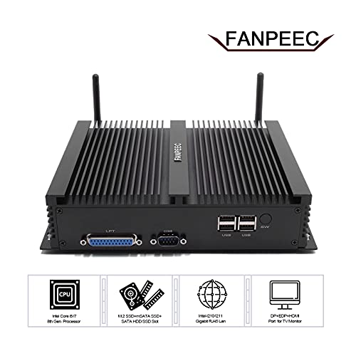 Mini PC Industrial sin Ventilador FANPEEC, Intel Core i7-8550U, Intel UHD Graphics 620, Windows 10 Pro, PC de Escritorio con 16G DDR4 + 128G SSD, Pantalla Dual DP/HDMI/EDP 3, 4K HD, 2*LAN, 8*USB