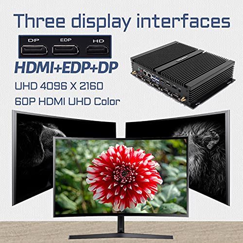 Mini PC Industrial sin Ventilador FANPEEC, Intel Core i7-8550U, Intel UHD Graphics 620, Windows 10 Pro, PC de Escritorio con 16G DDR4 + 128G SSD, Pantalla Dual DP/HDMI/EDP 3, 4K HD, 2*LAN, 8*USB