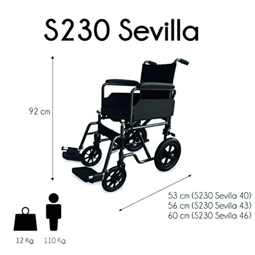 Mobiclinic, Modelo S230 Sevilla, Silla de ruedas para minusválidos, silla de ruedas de tránsito, plegable, ortopédica, reposapiés, reposabrazos, color Negro, asiento 43 cm