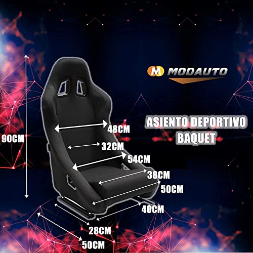 MODAUTO Asiento Deportivo para Coches,Baquets Deportivo de Tela,Adaptable para Coche,Ríeles incluidos,Simulador de Conducción ,Modelo N001L,Negro