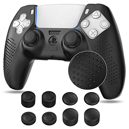 MoKo Funda para Mando PS5 DualSense 2020, Funda de Silicona Antideslizante con 8 Tapas de Agarre para Pulgar, Cubierta Protectora Compatible con para Sony Dualsense Playstation5 Controller, Negro
