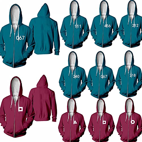 Mono coreano de juego de calamar para cosplay con cremallera, disfraz de juego de calamar, sudadera con cremallera, accesorios de Halloween, TV, unisex, para adultos, traje, e, S