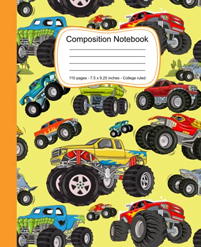 Monster Truck Composition Notebook: Pretty College Ruled Notebook With Funny Monster trucks Pattern Cover Design to Write in - Size 7.5 x 9.25 For ... Teens (Lined Notebook Paper College Ruled)