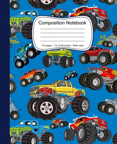 Monster Truck Composition Notebook: Pretty Wide Ruled Notebook With Funny Monster trucks Pattern Cover Design to Write in - Size 7.5 x 9.25 For Students, Kids, Teens (Lined Notebook Paper Wide Ruled)