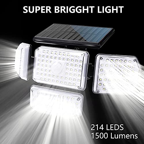 morpilot Luz Solar Exterior 4 Cabezas, 214 LED 1500 LM, Detector de movimiento, Iluminación gran angular de 360°, Clasificación de Impermeable IP65, Apto para jardín, patio, garaje