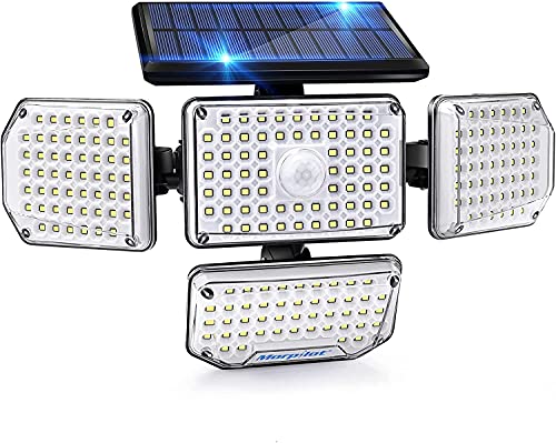 morpilot Luz Solar Exterior 4 Cabezas, 214 LED 1500 LM, Detector de movimiento, Iluminación gran angular de 360°, Clasificación de Impermeable IP65, Apto para jardín, patio, garaje