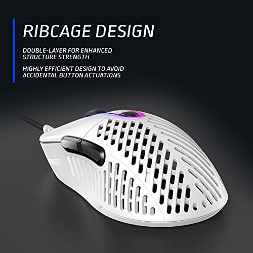 Mountain Makalu 67 RGB Gaming Mouse con exclusivo diseño de aletas patentado en diseño ligero, sensor PixArt PAW3370 y pies 100% PTFE (blanco)