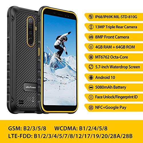 Móvil Resistente, Ulefone Armor X8 Android 10 Smartphone 4G con Cámara Triple 13MP+8MP, MT6762 Octa-Core, 64GB+4GB (SD 256GB), Batería 5080mAh, 5.7” HD+ Telefono Movil Antigolpes, NFC/GPS,Naranja