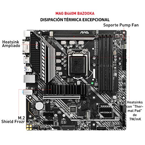 MSI - MAG B460M Bazooka - Placa Base Arsenal Gaming (10th Gen Intel Core, LGA 1200 Socket, DDR4, Doble Ranura M.2, 4x SATA, DVI-D/HDMI)