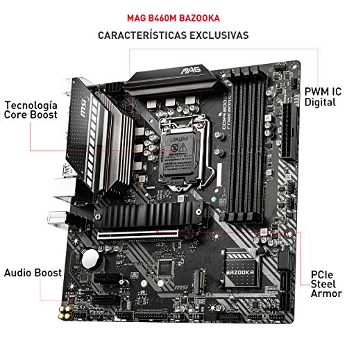 MSI - MAG B460M Bazooka - Placa Base Arsenal Gaming (10th Gen Intel Core, LGA 1200 Socket, DDR4, Doble Ranura M.2, 4x SATA, DVI-D/HDMI)