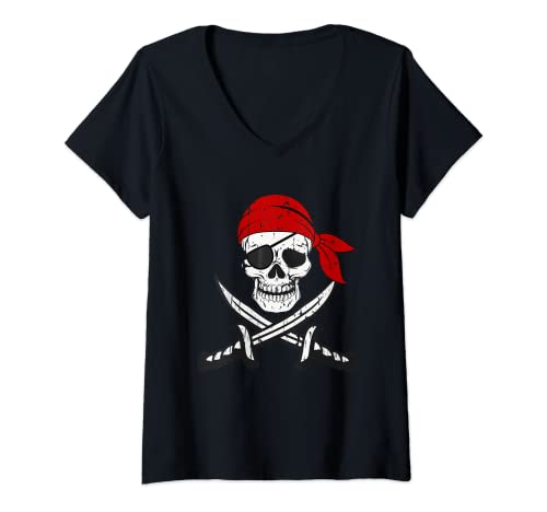 Mujer Camiseta pirata para niños o adultos, espadas y calaveras. Camiseta Cuello V
