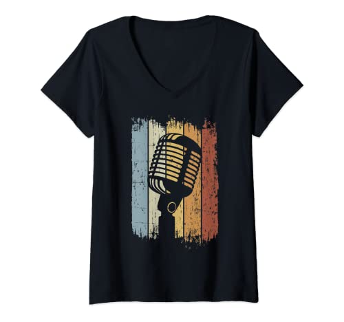 Mujer Cantante Vocalista Músico - Divertido Micrófono Retro Canto Camiseta Cuello V