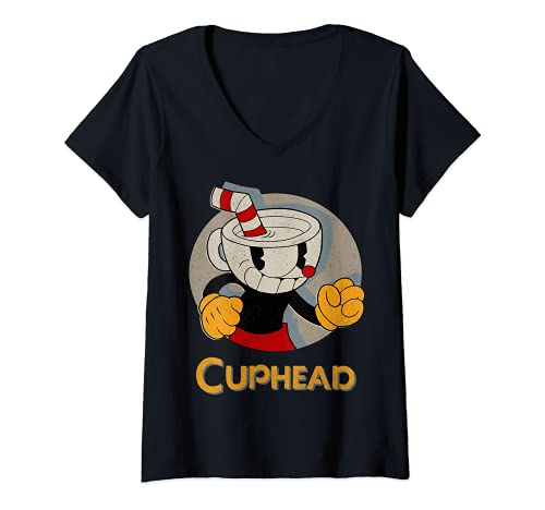 Mujer Cuphead Circle Shadow Profile Vintage Camiseta Cuello V