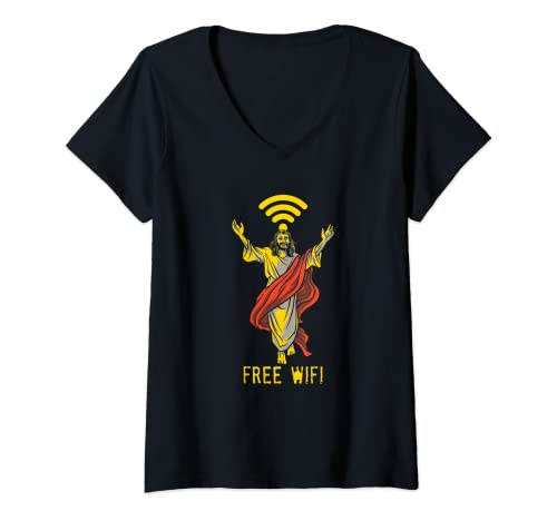 Mujer Divertido Gratis Wi Fu Jesucristo Programador de Internet Computadora Camiseta Cuello V
