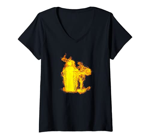 Mujer Fuego Juego De Barman Agitador Llamas Bar Bebida Bartender Camiseta Cuello V