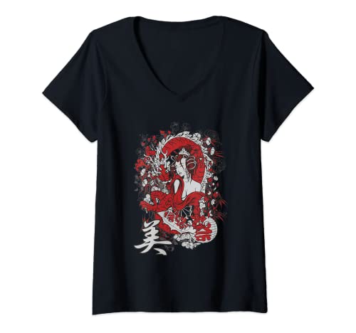 Mujer Geisha lewd girl mighty dragon spirit Camiseta Cuello V