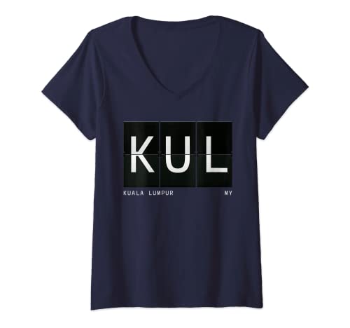Mujer KUL Kuala Lumpur Malasia Retro World Travel Aeropuerto Código Camiseta Cuello V