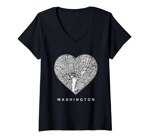 Mujer Mapa de la ciudad de Washington DC, amor del corazón Washington DC Camiseta Cuello V