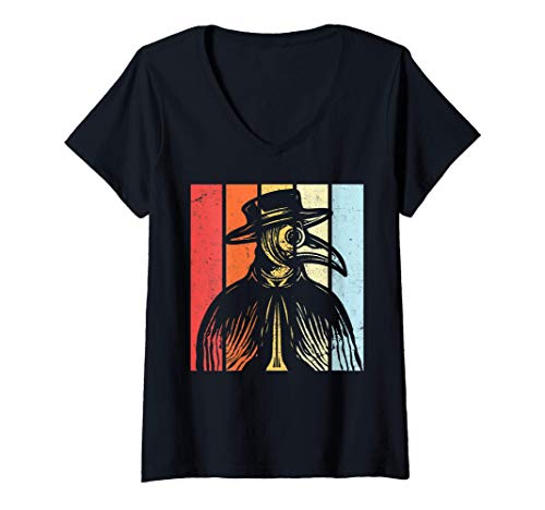 Mujer Médico de la peste Silueta de médico medieval de la vendimia Camiseta Cuello V
