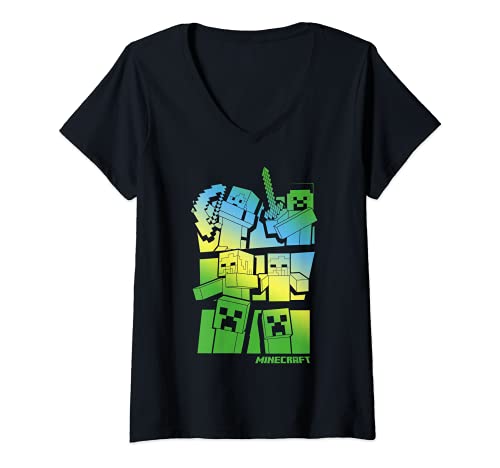 Mujer Minecraft Story Gradient Blue Green Camiseta Cuello V