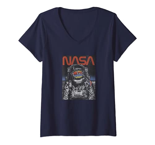 Mujer NASA Astronaut Moon Reflection Vintage Retro Camiseta Cuello V