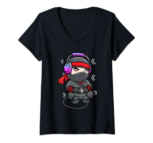 Mujer Ninja Shinobi Videojuegos Gamer Red Headband Ninja Camiseta Cuello V