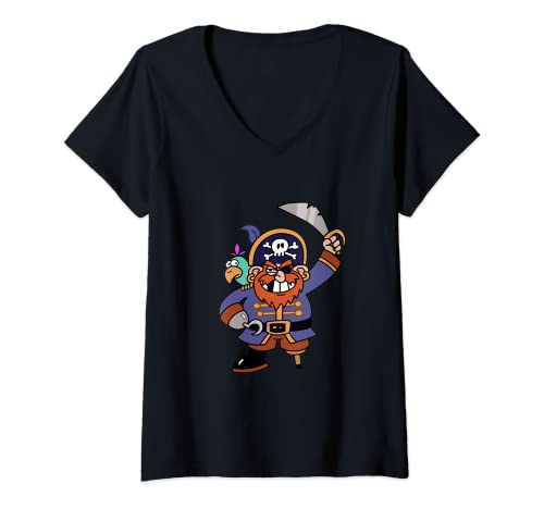 Mujer Pirata Ahoy Avast ye! Disfraz de calavera y huesos Ahoy Halloween Camiseta Cuello V