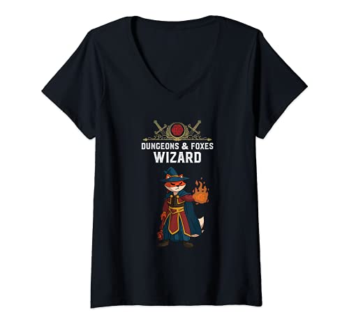 Mujer Red Fox Wizard Funny Mesa RPG D20 Dados Juego de rol Camiseta Cuello V