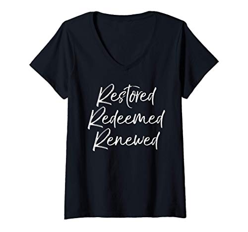 Mujer Salvation Quote Women Baptism Gift Restored Redeemed Renewed Camiseta Cuello V