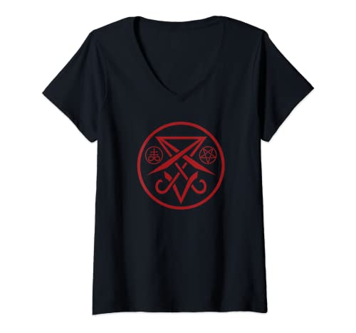 Mujer Satanic Sigil of Lucifer with Pentagram and Leviathan Cross Camiseta Cuello V