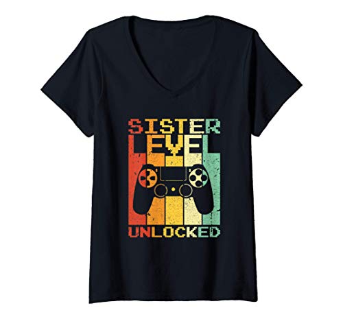 Mujer Sister Level Unlocked Shirt Pregnancy Gamer Sister To Be Camiseta Cuello V