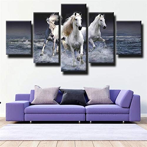 Mural 5 Piezas Pintura En Lienzo,5 Piezas Cuadros En Lienzos Tres Caballos Corriendo Agua Lienzo Gris Arte Modular Moderna 5 Piezas,Mural Pared Salon 5D,Decor Pared,Listo Para Colgar,Creative Gift Xxl
