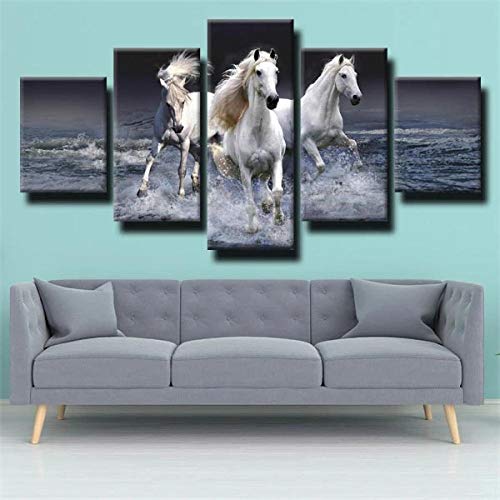 Mural 5 Piezas Pintura En Lienzo,5 Piezas Cuadros En Lienzos Tres Caballos Corriendo Agua Lienzo Gris Arte Modular Moderna 5 Piezas,Mural Pared Salon 5D,Decor Pared,Listo Para Colgar,Creative Gift Xxl