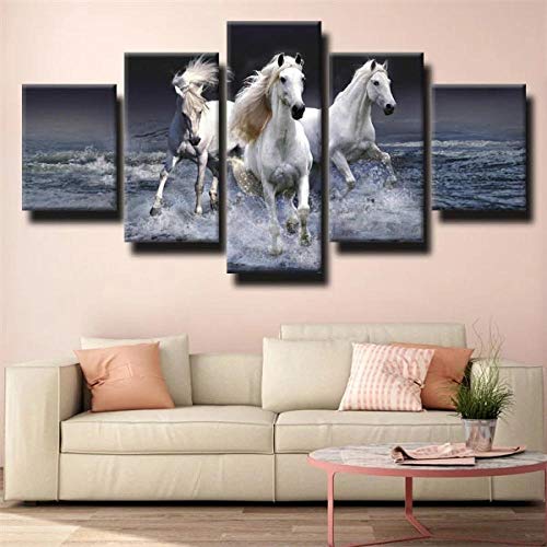 Mural 5 Piezas Pintura En Lienzo,5 Piezas Cuadros En Lienzos Tres Caballos Corriendo Agua Lienzo Gris Arte Modular Moderna 5 Piezas,Mural Pared Salon 5D,Decor Pared,Listo Para Colgar,Creative Gift Xxl