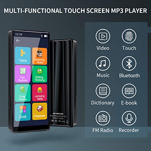 MYMAHDI MP3 Player, Alta resolución y Pantalla táctil Completa, Reproductor de Sonido HiFi sin pérdidas con Bluetooth 5.0, Radio FM, grabadora de Voz,admite hasta 128GB, Negro