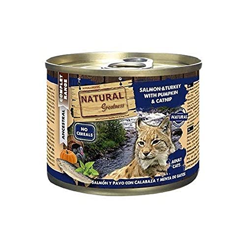 Natural Greatness Comida Húmeda para Gatos de Salmón y Pavo con Calabaza y Menta de Gatos. Pack de 12 Unidades. 200 gr Cada Lata