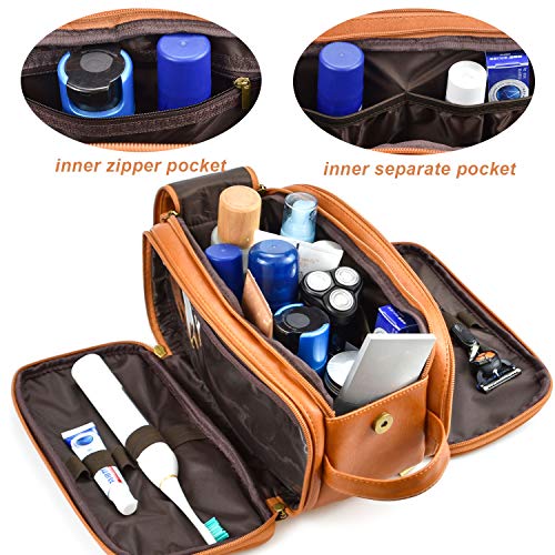 Neceser para hombres de cuero sintético resistente al agua bolsa de aseo de viaje organizador Dopp kit para hombres accesorios de artículos de tocador, Brown, Estándar, Bolsa de aseo