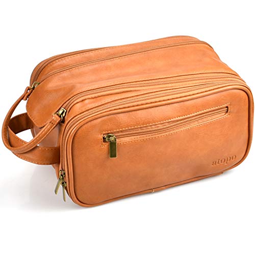 Neceser para hombres de cuero sintético resistente al agua bolsa de aseo de viaje organizador Dopp kit para hombres accesorios de artículos de tocador, Brown, Estándar, Bolsa de aseo