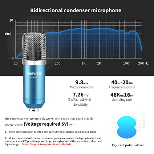 Neewer USB Micrófono para Ordenadores con Soporte de Brazo de Tijera, Montaje de Choque, Filtro de Pop, Cable y Abrazadera de Montaje para Radiodifusión (Azul y Plata)