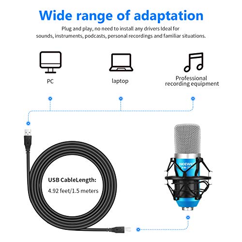 Neewer USB Micrófono para Ordenadores con Soporte de Brazo de Tijera, Montaje de Choque, Filtro de Pop, Cable y Abrazadera de Montaje para Radiodifusión (Azul y Plata)