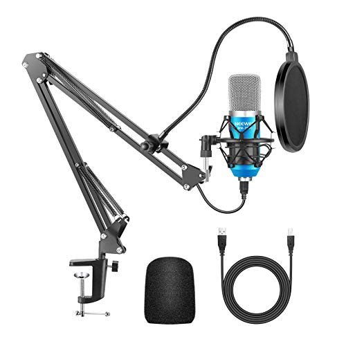 Neewer USB Micrófono para Ordenadores con Soporte de Brazo de Tijera, Montaje de Choque, Filtro de Pop, Cable y Abrazadera de Montaje para Radiodifusión (Azul y Plata)
